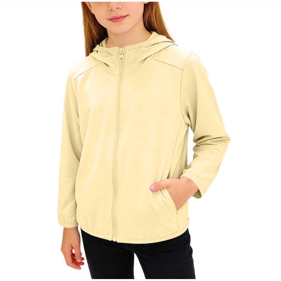 Kids Sun Protection Outwear Hooded Full Zip Long Sleeve Thumb Holes Cropped Outwear Breathable Comfy Cardigan (1-2 Years, Yellow)
