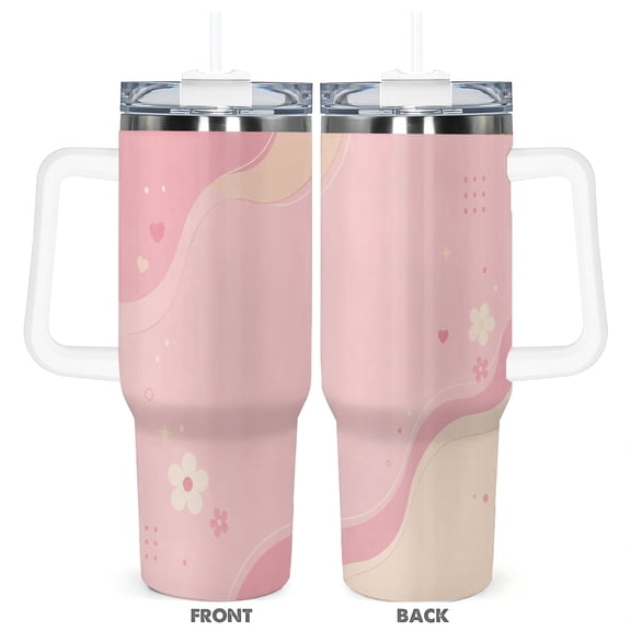 40oz Pink Abstract Heart Flower Insulated Tumbler with Handle and Straw Lid Car Cup Travel Coffee Mug Gift for Women