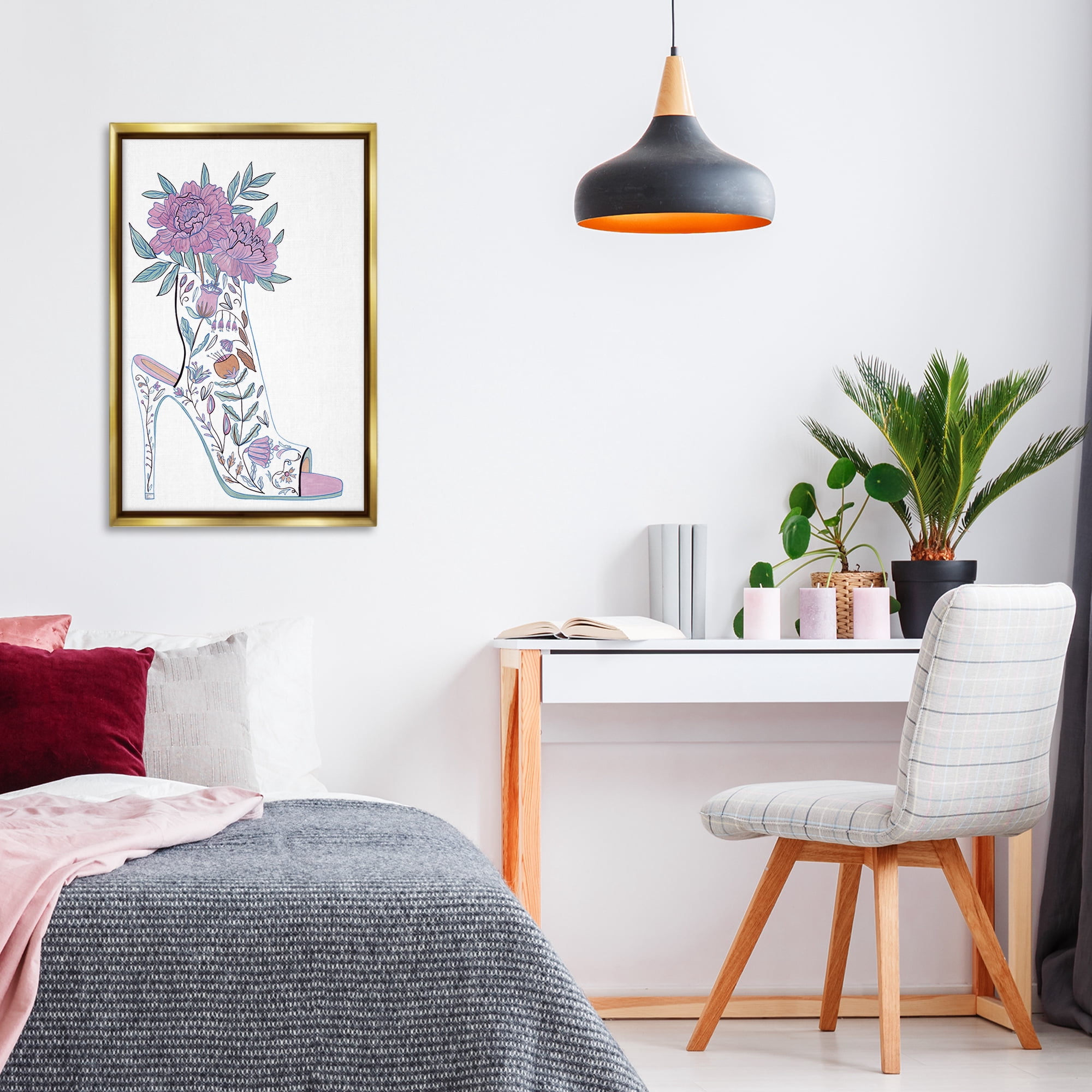 Stupell Industries Shoe with Bouquet Botanical & Floral Painting Gold Floater Framed Art Print Wall Art, 21 x 31