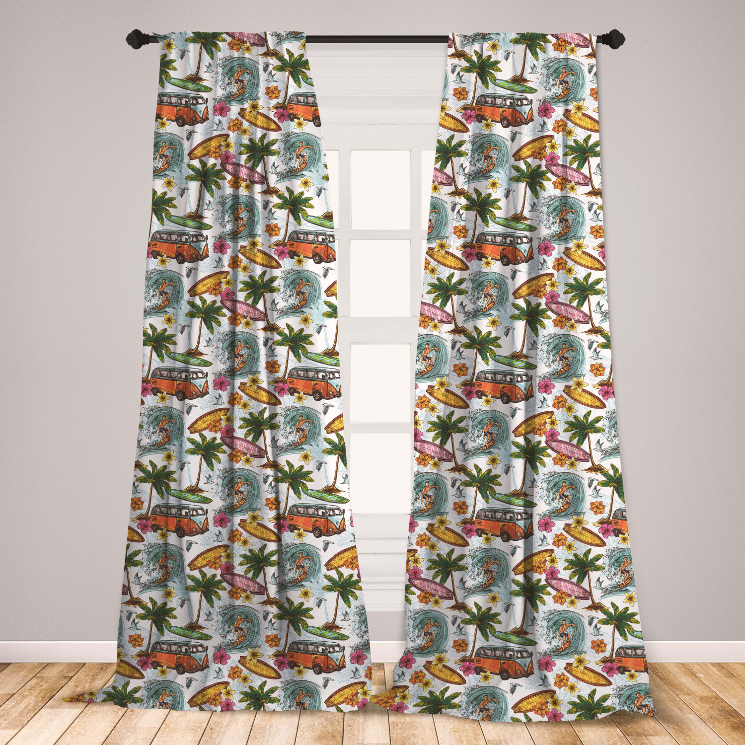 Ocean Curtains 2 Panels Set, Hawaiian Surfer on Wavy Deep Sea Retro Style Palm Trees Flowers