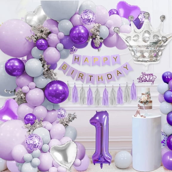 Purple 1st Birthday Decorations, Pastel Purple Balloons HAPPY BIRTHDAY Banner, Macaron Purple Grey Balloons Crown Balloon Heart Balloons