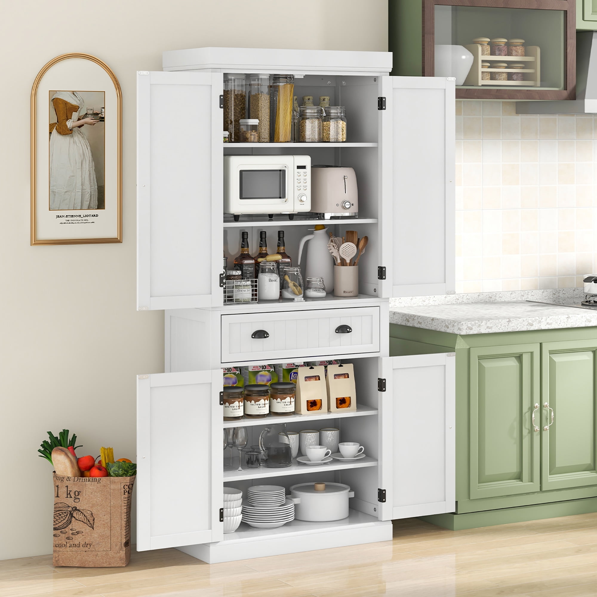 Gymax 72 Kitchen Pantry Storage Cabinet Tall Freestanding Cupboard w 4 Doors Large Drawer White