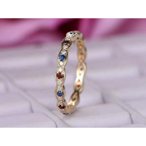 Round Cut Simulated Red Garnet/Sapphire Wedding Ring Band 14K Rose Gold Over