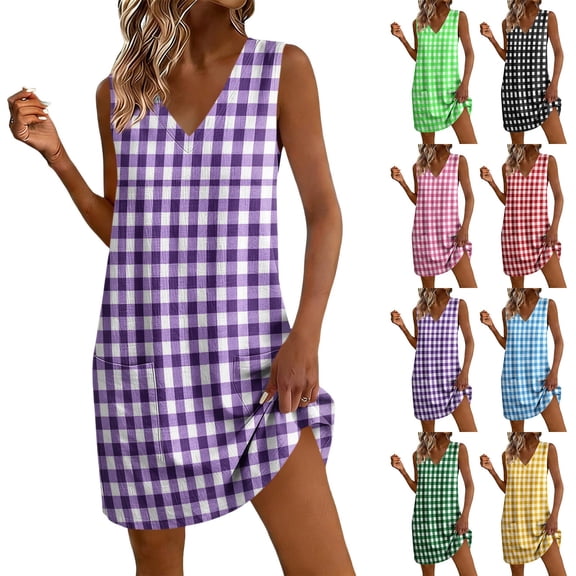 WAGUTH Women's Gingham Print Shift Dresses V-Neck Sleeveless Summer Mini Dress Soft Breathable Casual Dress with Pockets for Beach Vacation