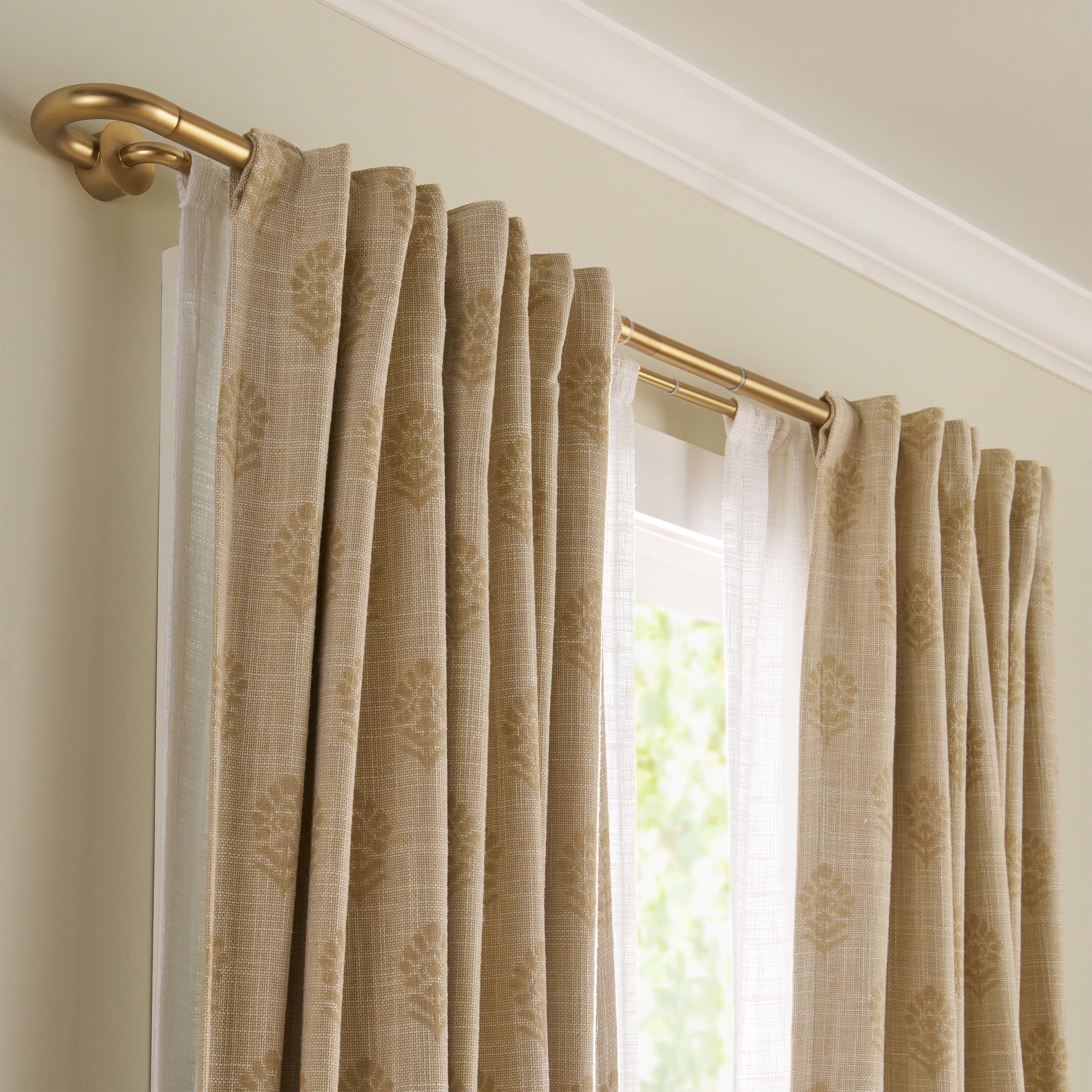 Better Homes & Gardens 1” and 5/8" Brass Swooping Adjustable Double Curtain Rod Set, 32-120”