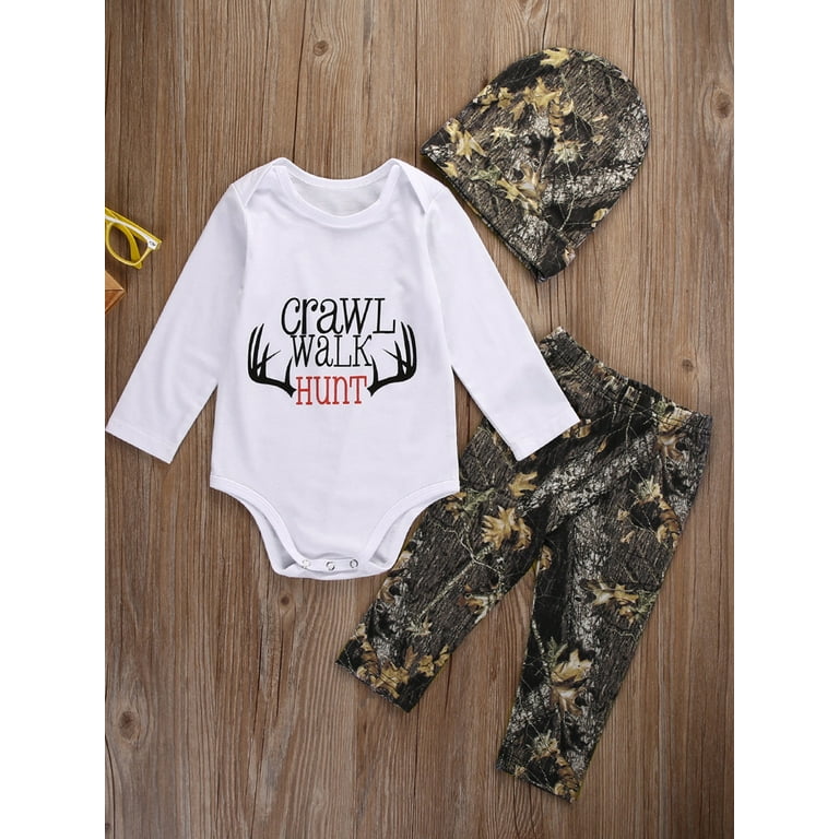0-18Months Newborn Baby Boys Clothing Set Letter Print Short Sleeve Bodysuit With Bow + Camouflage Print Long Pants + Hat