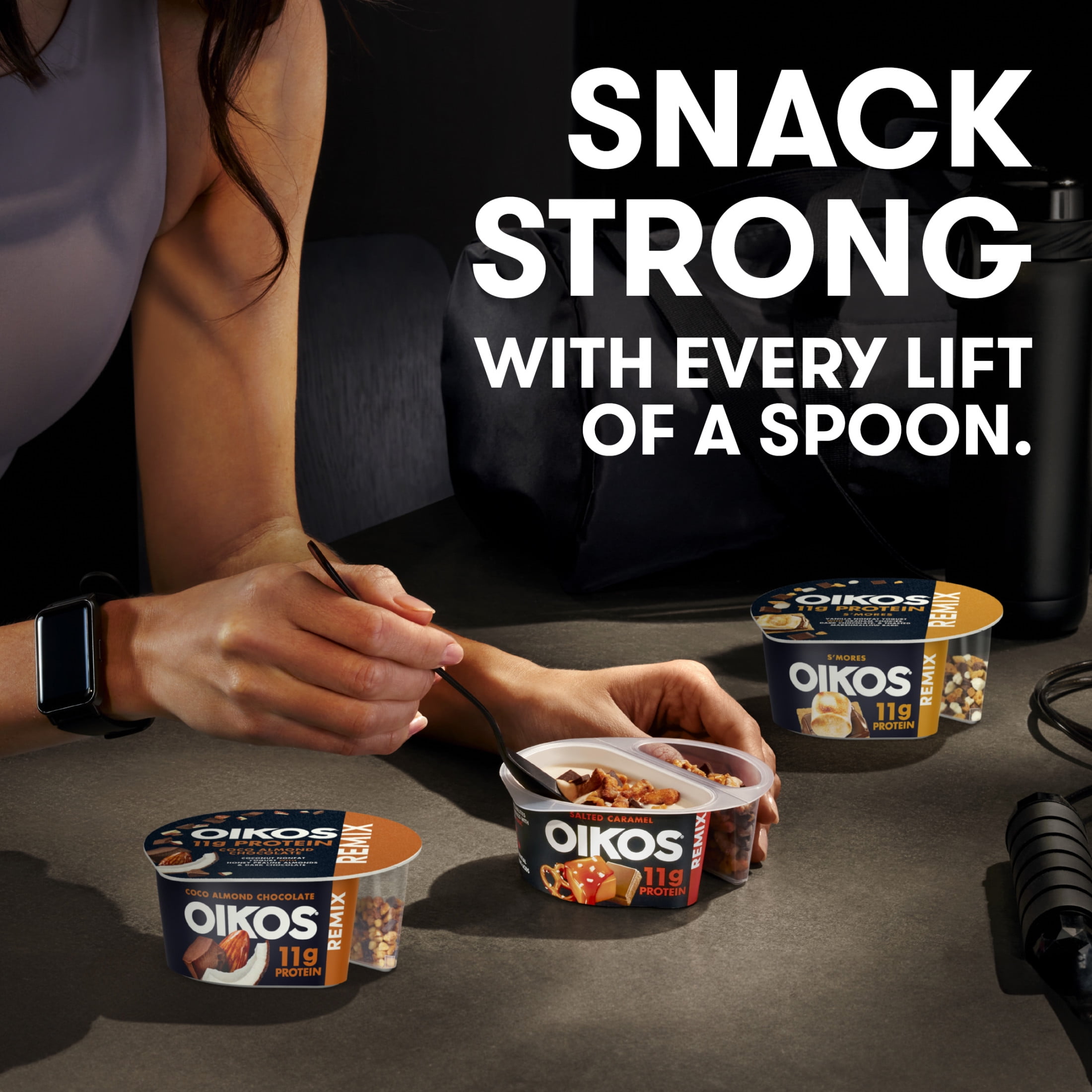 Oikos REMIX Coco Almond Chocolate 11g Protein, Coconut Fat Free Greek Yogurt Cup with Honey Praline Almonds and Dark Chocolate Mix-Ins, 4.5 oz