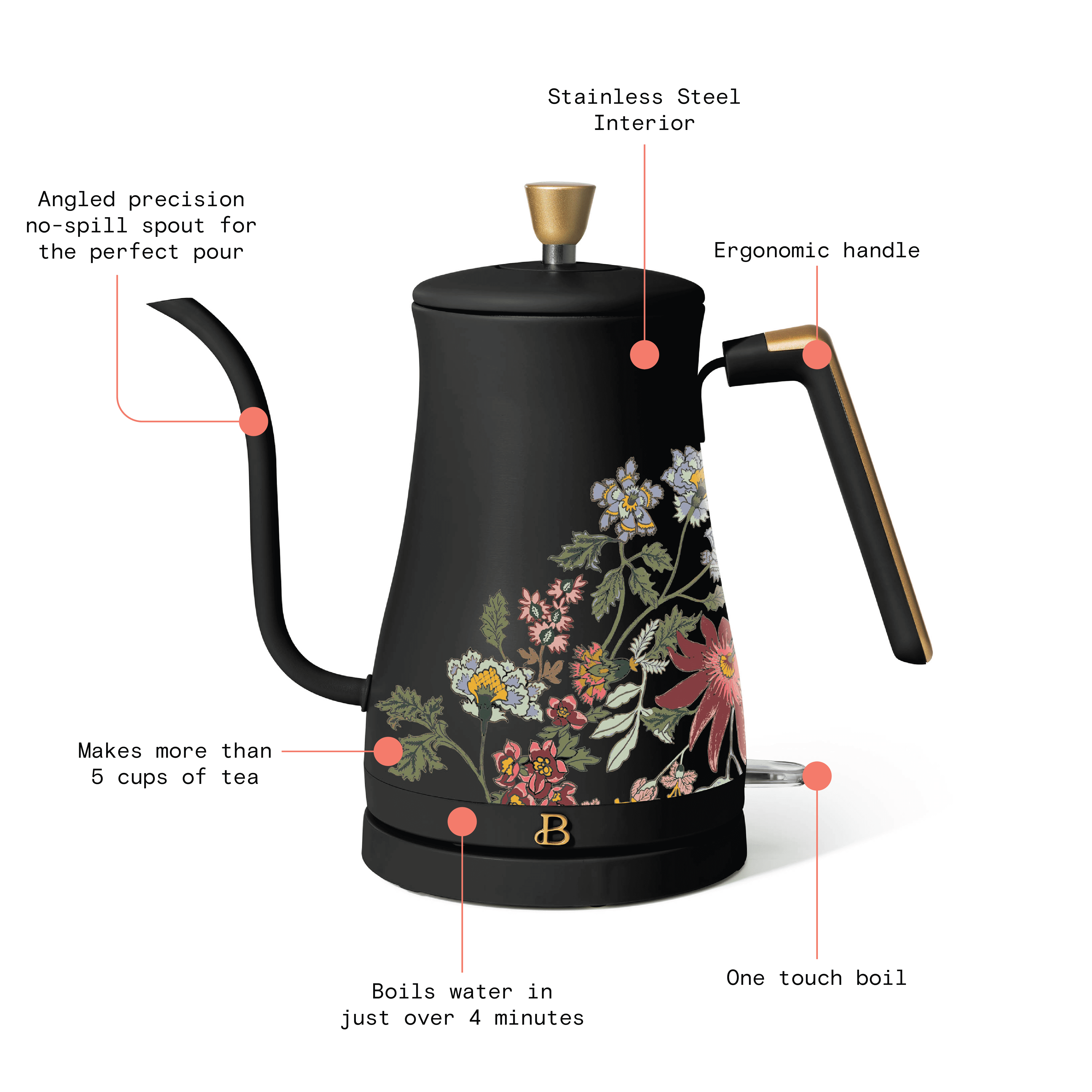Beautiful 1-Liter Electric Gooseneck Kettle 1200 W, Wildflower Black Sesame by Drew Barrymore
