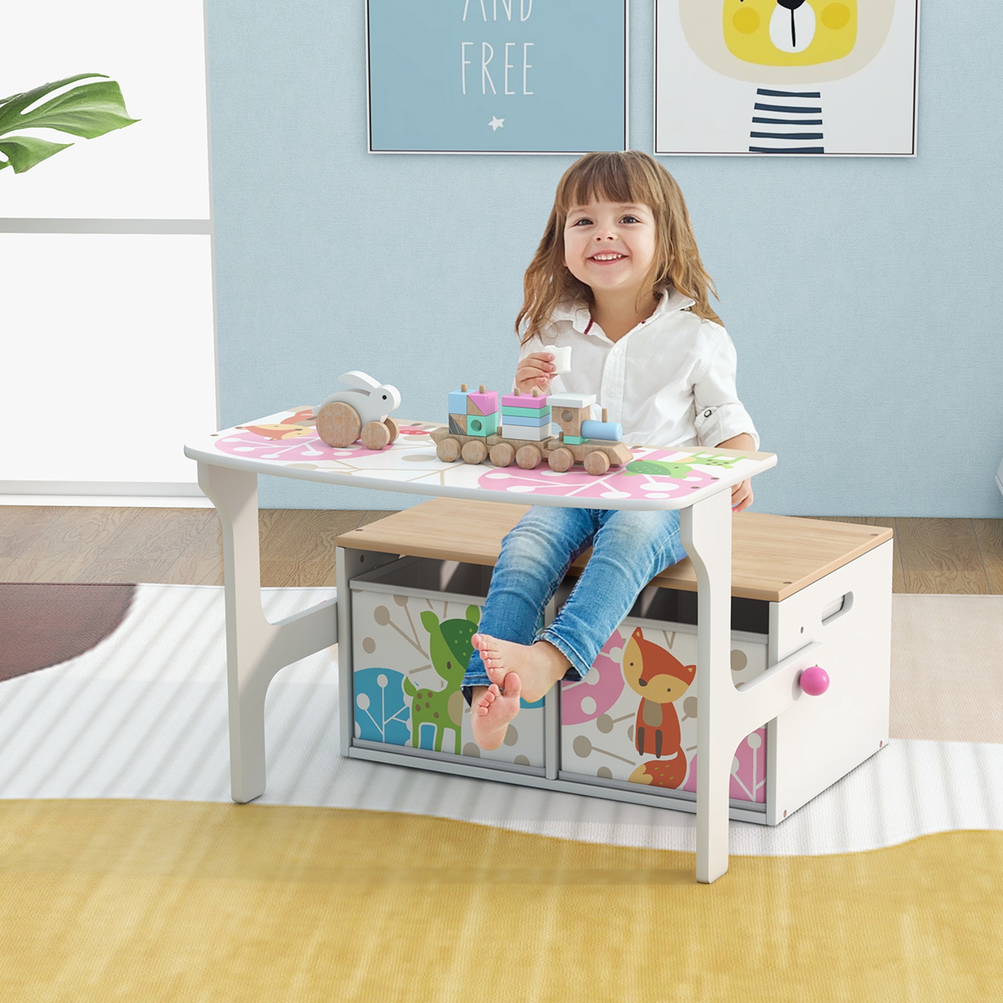 Costway Convertible Activity Bench Children Table & Chair Set, 3 in 1 toddlers storage bench, White