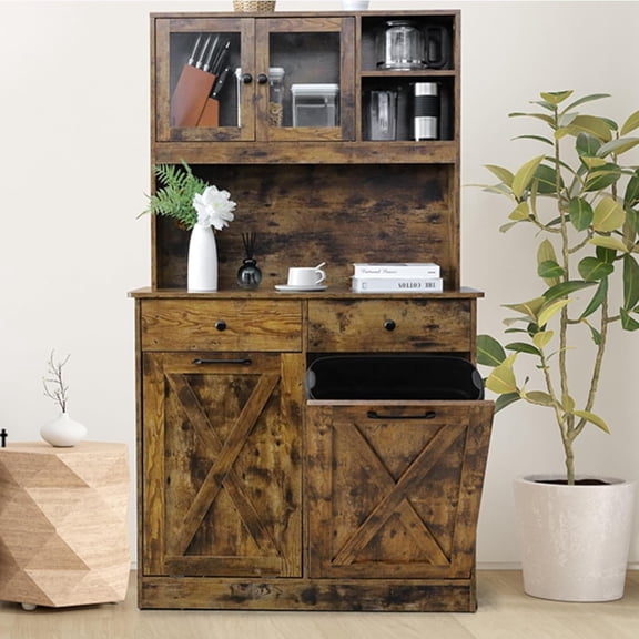 MAMIZO Double Tilt Out Trash Cabinet, 67.7 Large Double Storage Cupboard, Garbage Can Holder 2x10 Gallon,  Proof Recycling Cabinet, Wood Laundry Closet, W/Countertop and Drawer, Shelves (Rustic)