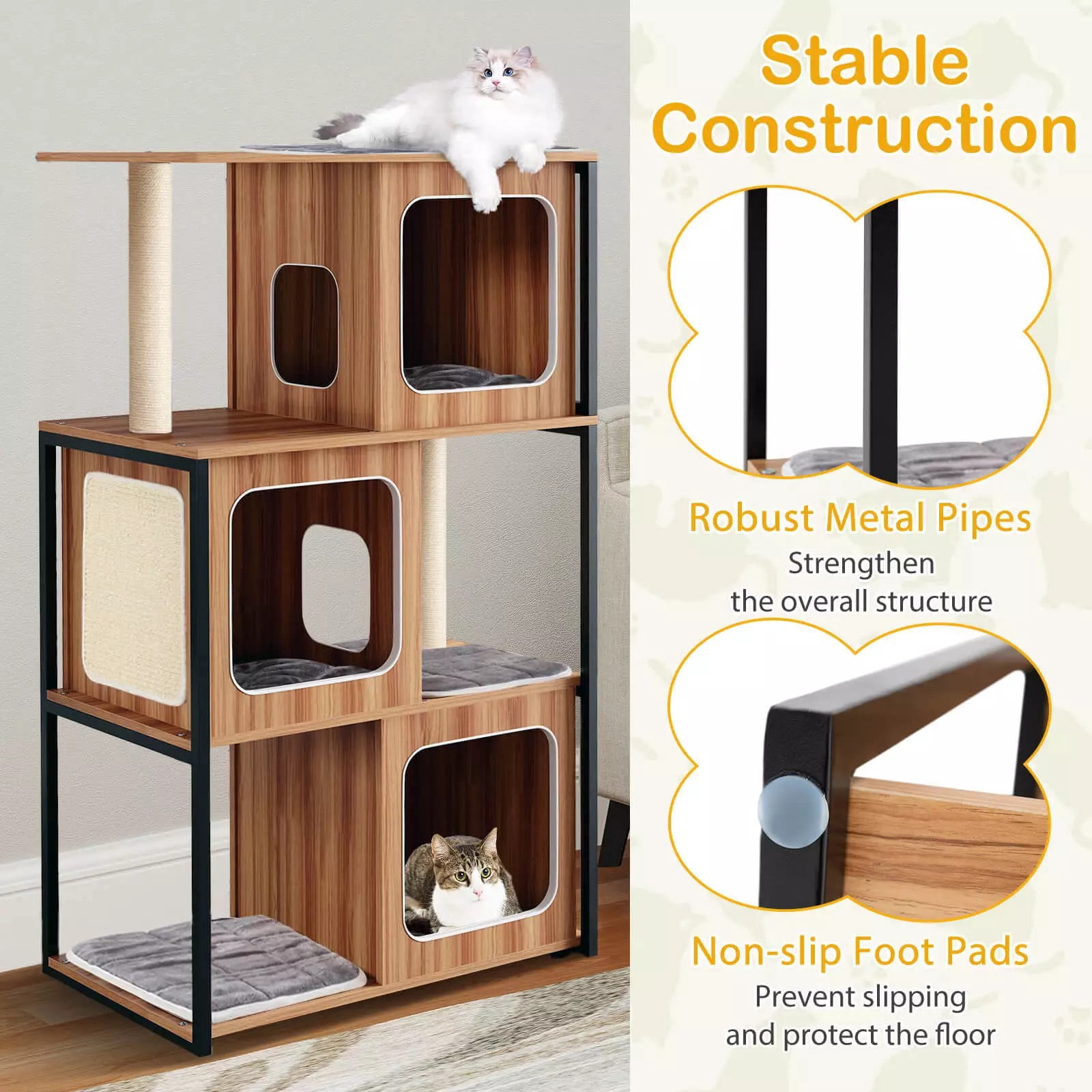 Auranook 52" Tall Wooden Cat Tree w/ Metal Frame, 3 Condos, Sisal Scratching Posts & Board, Washable Cushions, Multi-Level Tower for Large Indoor Cats & Kittens