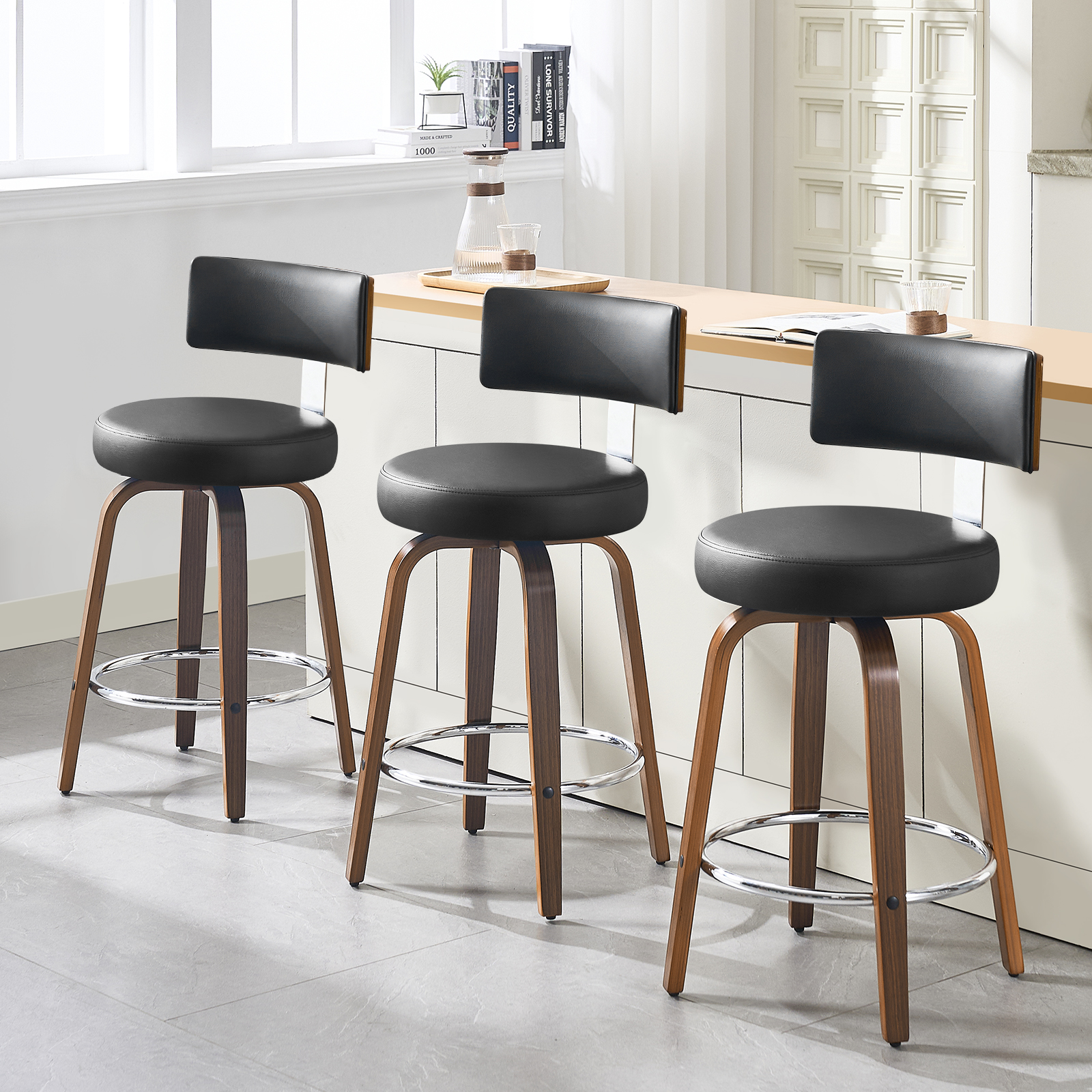 WOOW DEPOT PU Swivel Bar Stools Set of 1, 26" Seat Height Modern Upholstered Bar Chairs w/ Mid-back Round Seat Walnut Legs Leather Island Stools for Kitchen Counter