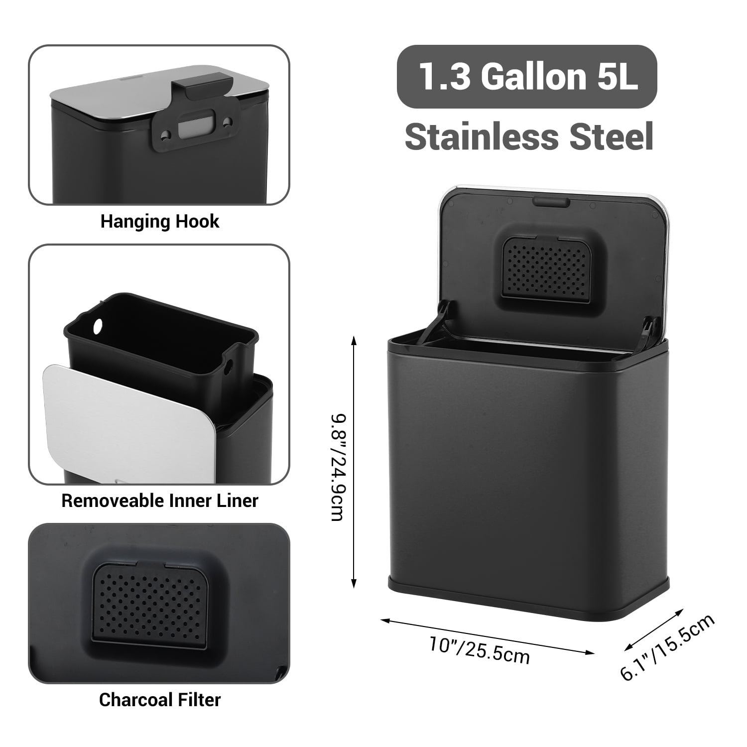 1.3 Gallon Stainless Steel Kitchen Waste Bin Compact Small Trash Can Durable Garbage Bin for Countertop Under Sink Bathroom Bedroom Cupboard - Black
