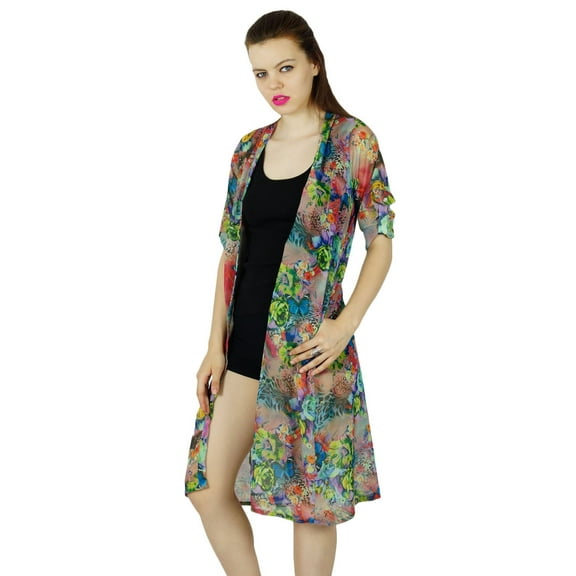 Bimba Women Knee Length Printed custom Shrug Georgette Beach Coverup Long Top