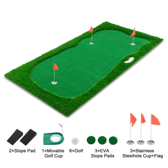 10x5 FT Golf Putting Green, Large Golf Practice Mat with High-quality Turf, 3 Holes, 3 Flags and  Movable Cup, Professional Training Mat for Indoor Outdoor
