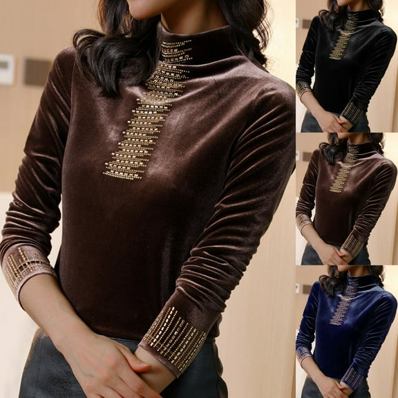 Aboser Rhinestone Velvet Tops for Women Elegant Turtleneck Shirts Plus Size Soft Long Sleeve Blouses Solid Color Party Club Shirt Slim Fit Undershirts