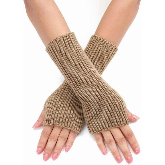 2 Pairs Acrylic Fibers Knitting Long Fingerless Gloves Arm Warmer Winter Warm Gloves with Thumb Hole Tan 200x70mm