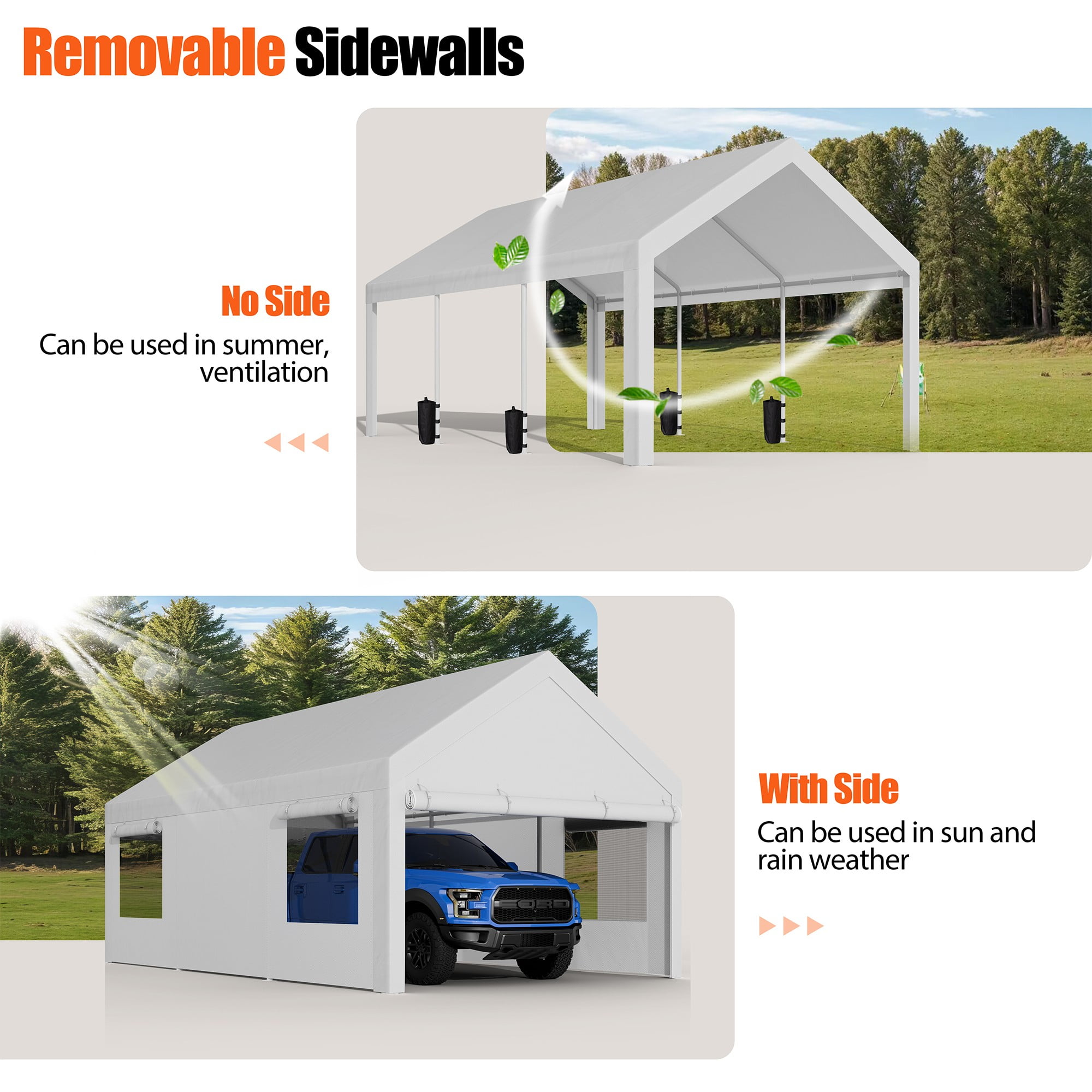 Walsunny 12x20 ft Carport with 4 Sandbags Heavy Duty Canopy with Roll-up Windows Portable Garage with Removable Sidewalls & Doors Car Canopy White
