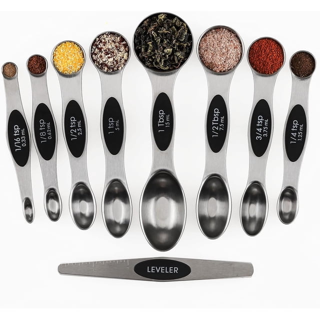 Juego de 9 cucharas medidoras magnéticas de acero inoxidable, apilables, de doble cara, para medir ingredientes secos y líquidos