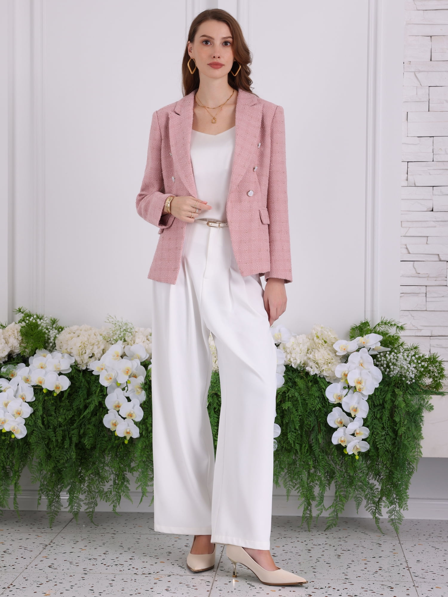 DARING DIVA Women's Tweed Blazer Notched Lapel Double Breasted Suit Jacket 2XL Pink
