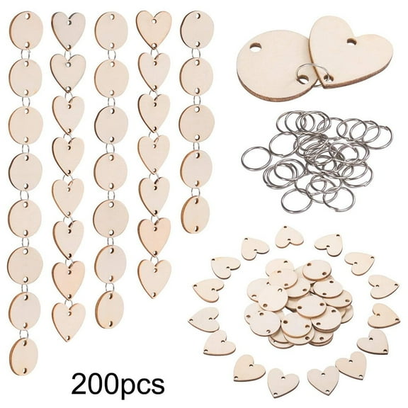 200 Pcs Wooden Circles Wooden Heart Tags Arts Crafts with Holes Rings for Birthday Boards Valentine