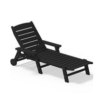 SERWALL Adjustable Wheeled HDPE Plastic Outdoor Patio Lounge Chair W/ Cup Holder,64.1"x25.1"x16.3", Black