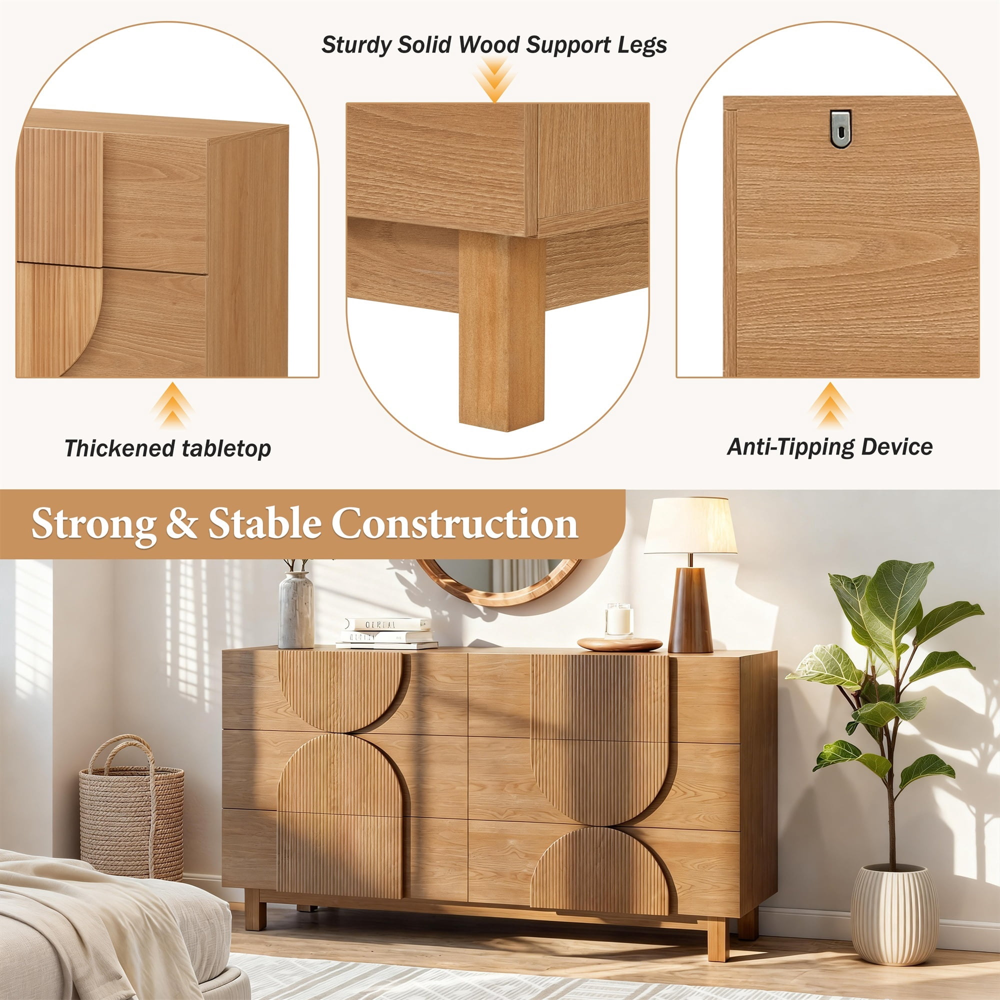 Alvantor 6 Drawer Dresser, 60" Wide Wooden Chest of Drawers, Fluted Dresser for Bedroom,Living Room, Hallway Natural