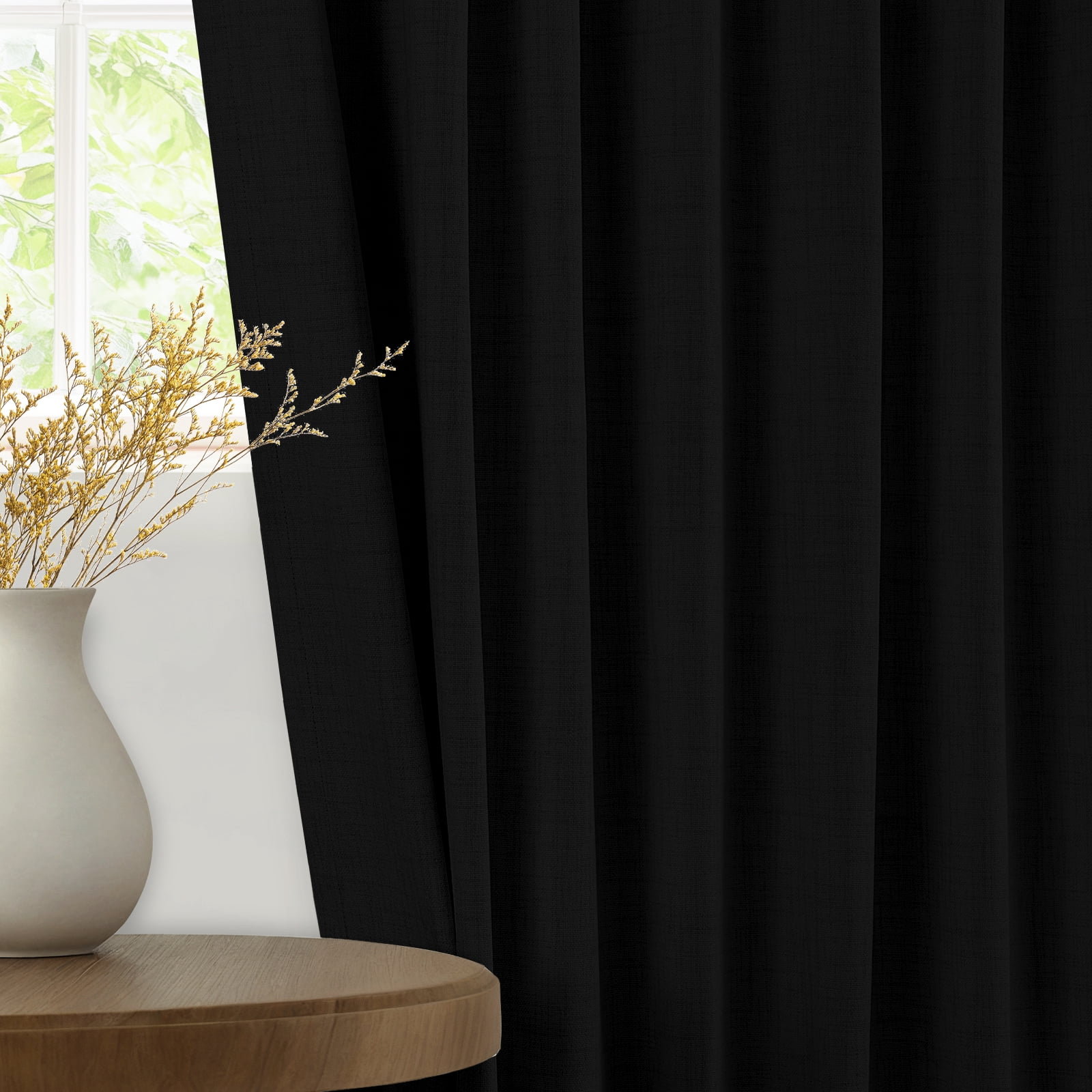 100% Blackout Curtains,50"Wx108"L Faux Linen Textured Back Tab/Rod Pocket Curtain,2 Panels Set,Thermal Insulated Curtains for Livingroom,Black
