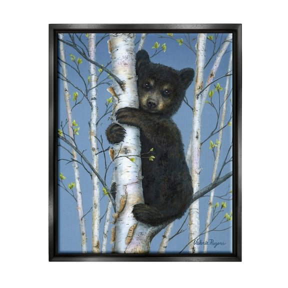 Stupell Industries Bear Cub Climbing Birch Tree Animals & Insects Painting Black Floater Framed Art Print Wall Art
