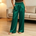 thumbnail image 4 of CHGBMOK Plus Size Women's Satin Pants Ruffled Waistband Wide Leg Pants High and Elastic Waist Trousers with Pockets, 4 of 8
