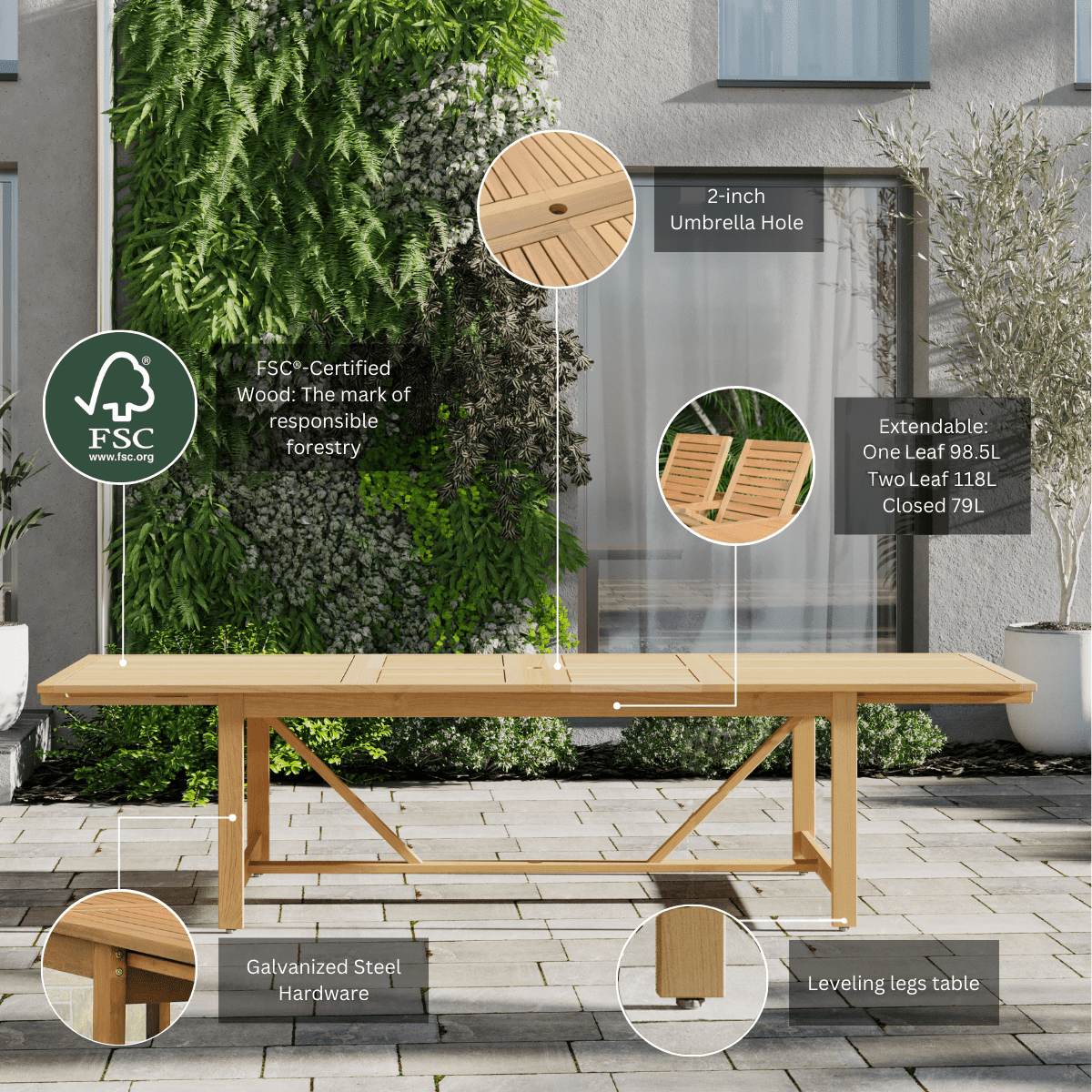 Haifa 9-Piece Solid Wood |100% FSC Certified w/ Teak Finish| Extendable Patio Dining Set
