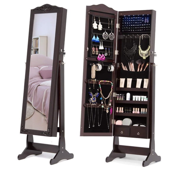 NEX Country Style Jewelry Armoire with Freestanding Mirror in Brown