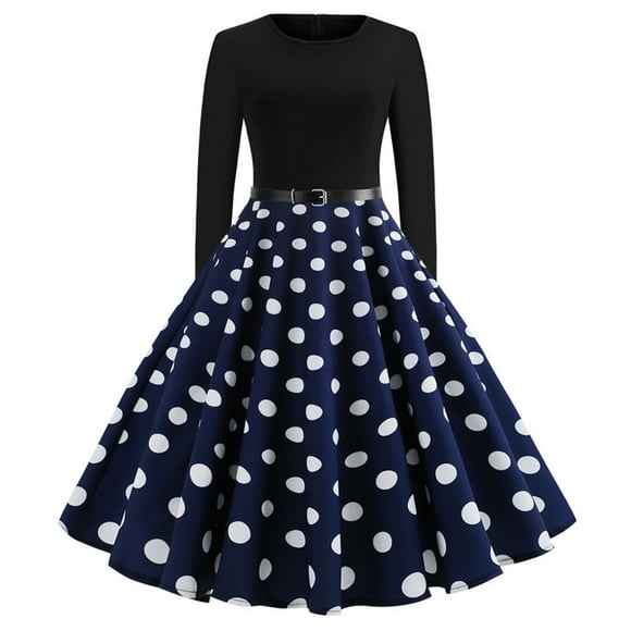 Wedding Guest Dresses for Women Long Sleeve Gothic Dresses for Women Fashion Womens A Line Flare Vintage Dress Prom Swing Short Sleeve Polka Dot printed Formal Dresses for Women(Navy,M)