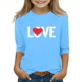 thumbnail image 2 of Sky Blue Girls Casual LOVE Graphic Top, Cold Shoulder 3/4 Sleeve Soft Stretchy Polyester Spandex Relaxed Fit Tee for Ages 4-12,Size 7-8T, 2 of 5