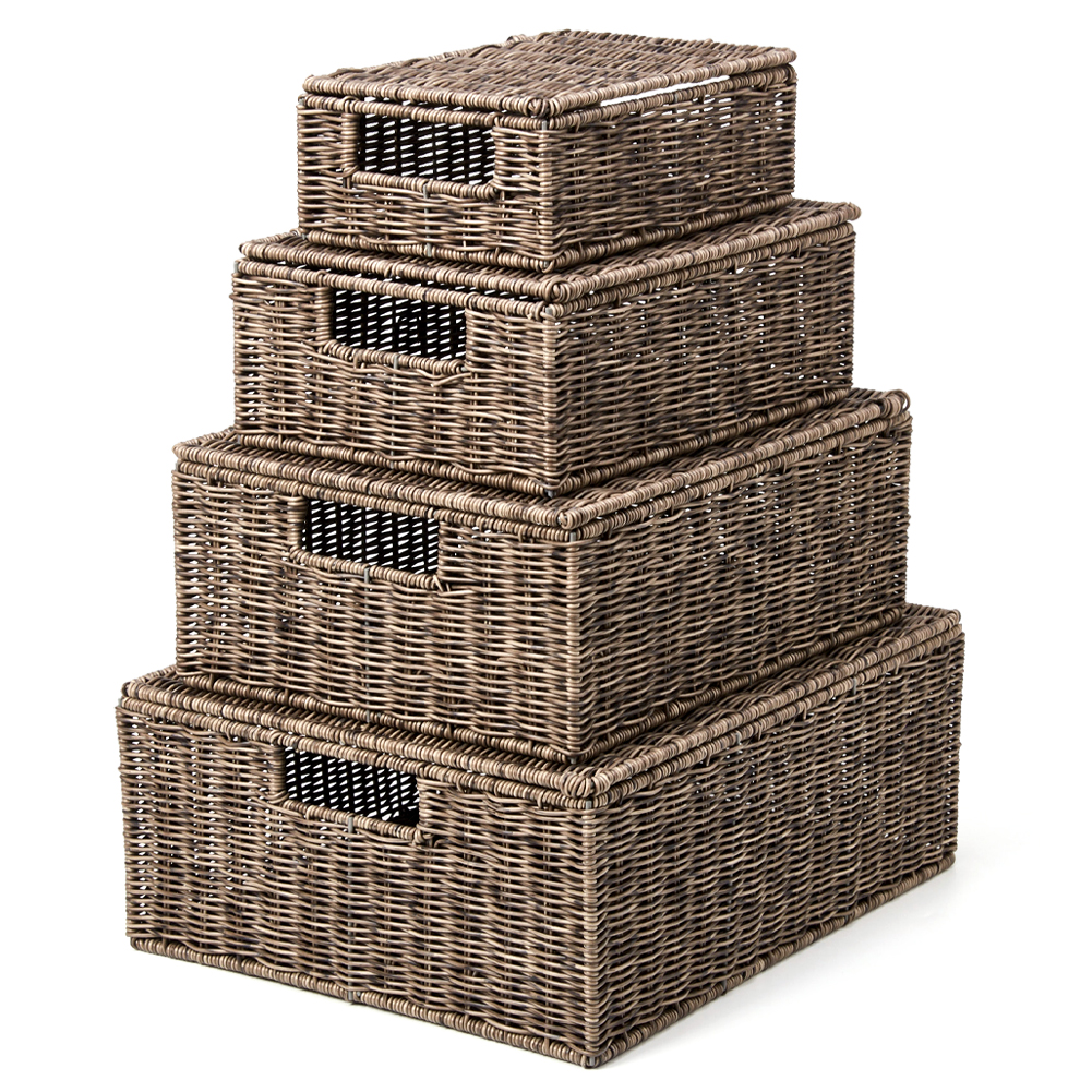 EZOWare Set of 4 Resin Woven Baskets with Lid, Decorative Storage Organizer Bin with Handles