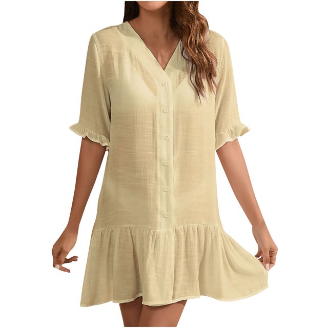 Abcnature Women's Spring/Summer European New Ruffle Loose Solid Beach Cover Skirt Short Sleeved V-Neck Knee Length Dress