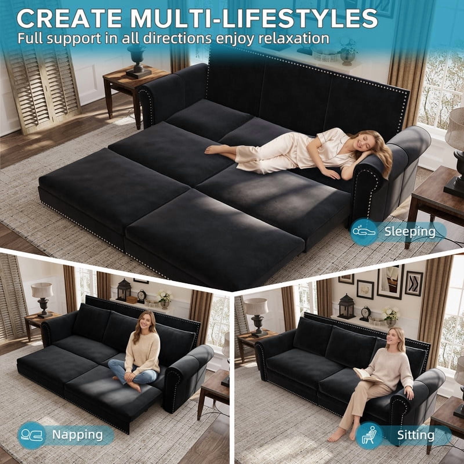 3-in-1 Velvet Convertible Sleeper Bed, 93.7" Chesterfield Sofa, King Size Pull Out Sofa Bed with Nailhead Trim & Rolled Arms, , Multi-Functional Futon Bed for Living Room, Bedroom, Apartment