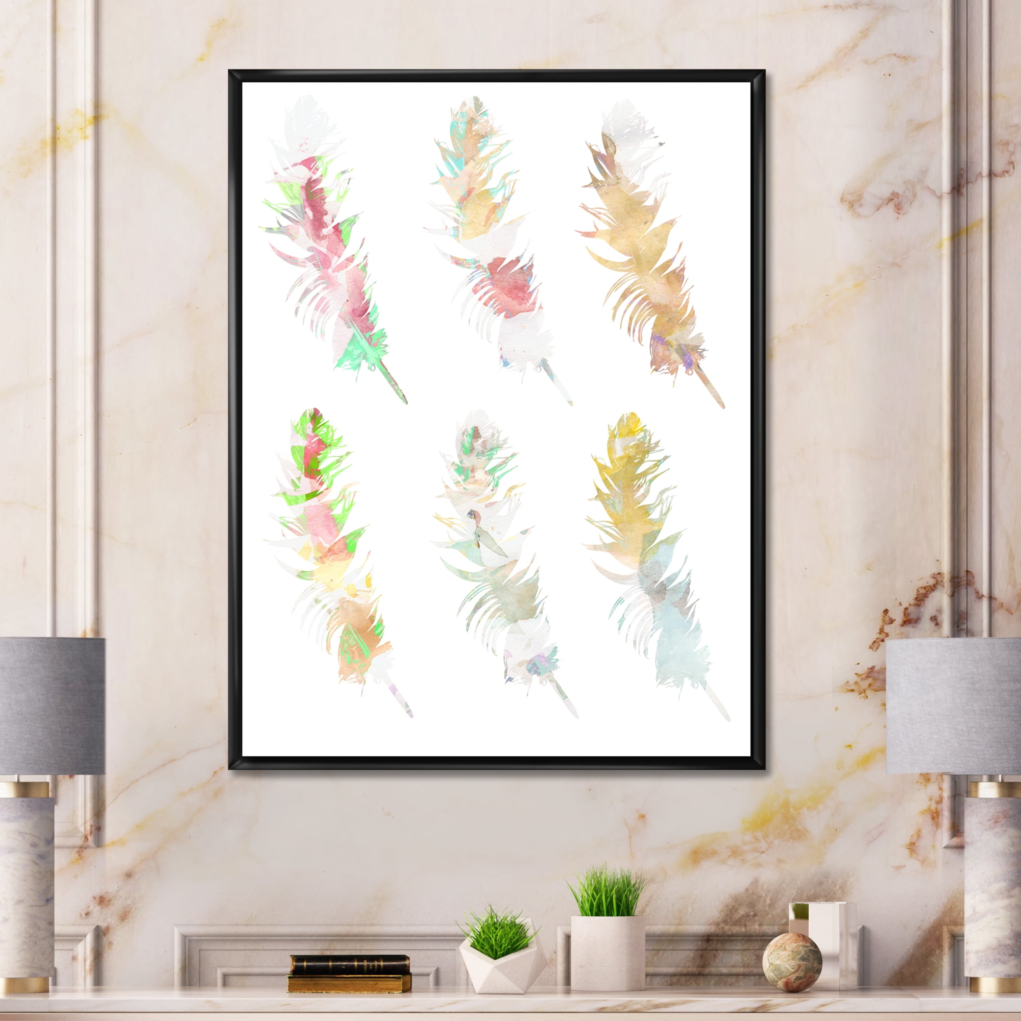 Vibrant Boho Art Feather In Rustic Bright Colors 16 in x 32 in Framed Painting Canvas Art Print, by Designart