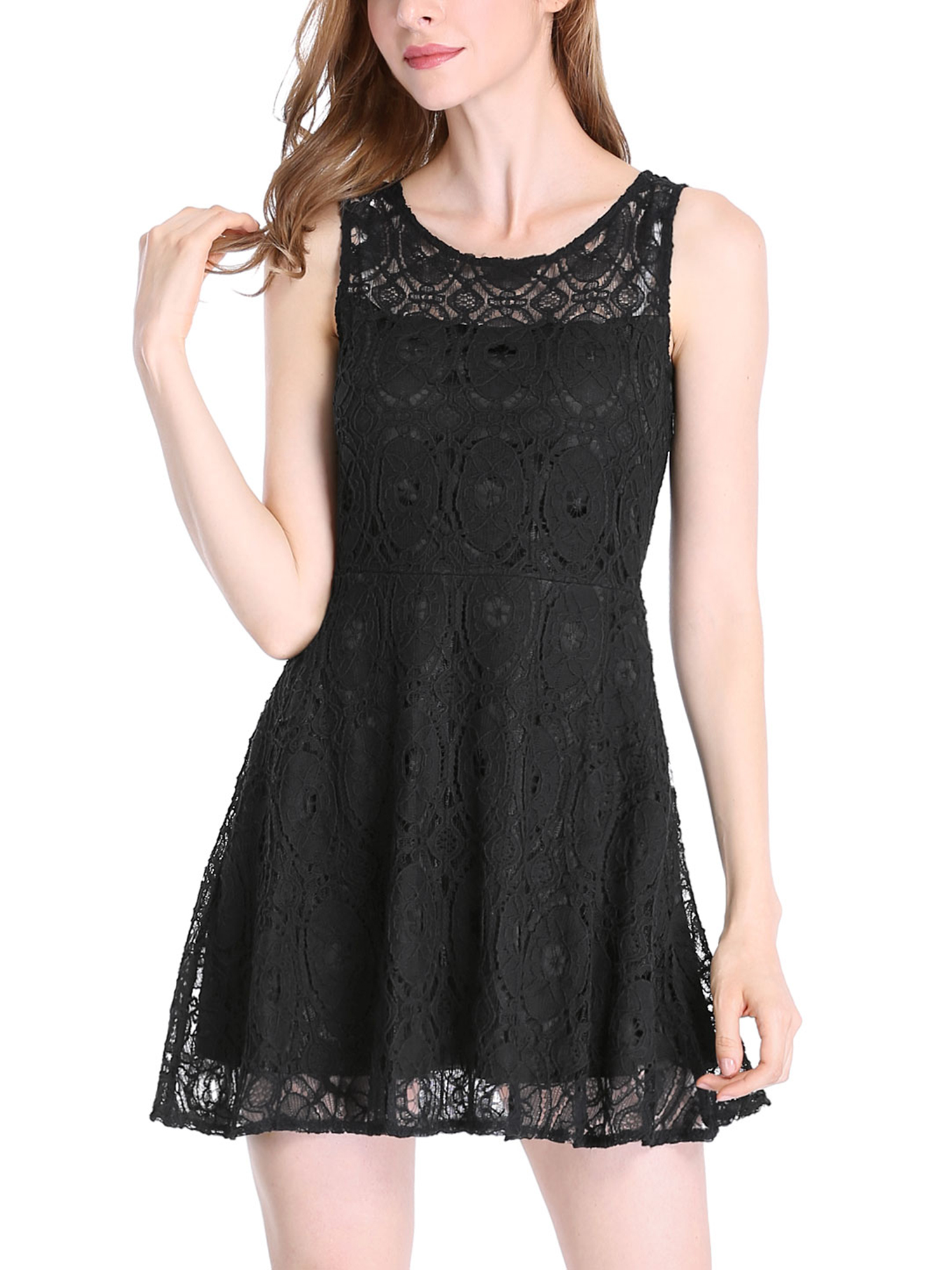 MODA NOVA Junior's Floral Lace Sleeveless Semi Sheer Flare Mini Dress Black L - image 2 of 6
