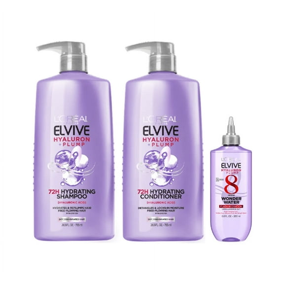 L'Oreal Paris Elvive Hyaluron Plump Hydrating Shampoo, Conditioner, and Wonder Water Set with Hyaluronic Acid, 26.5 fl oz