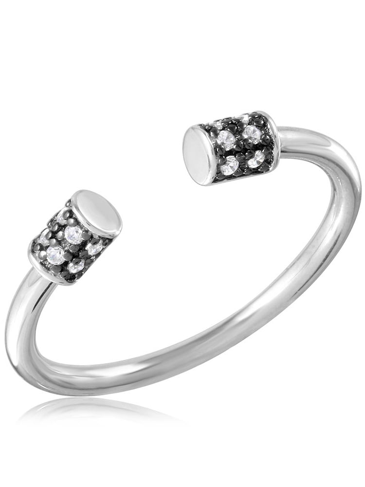 Clear Cubic Zirconia Black Prongs Barbel Ring Rhodium Plated Sterling Silver