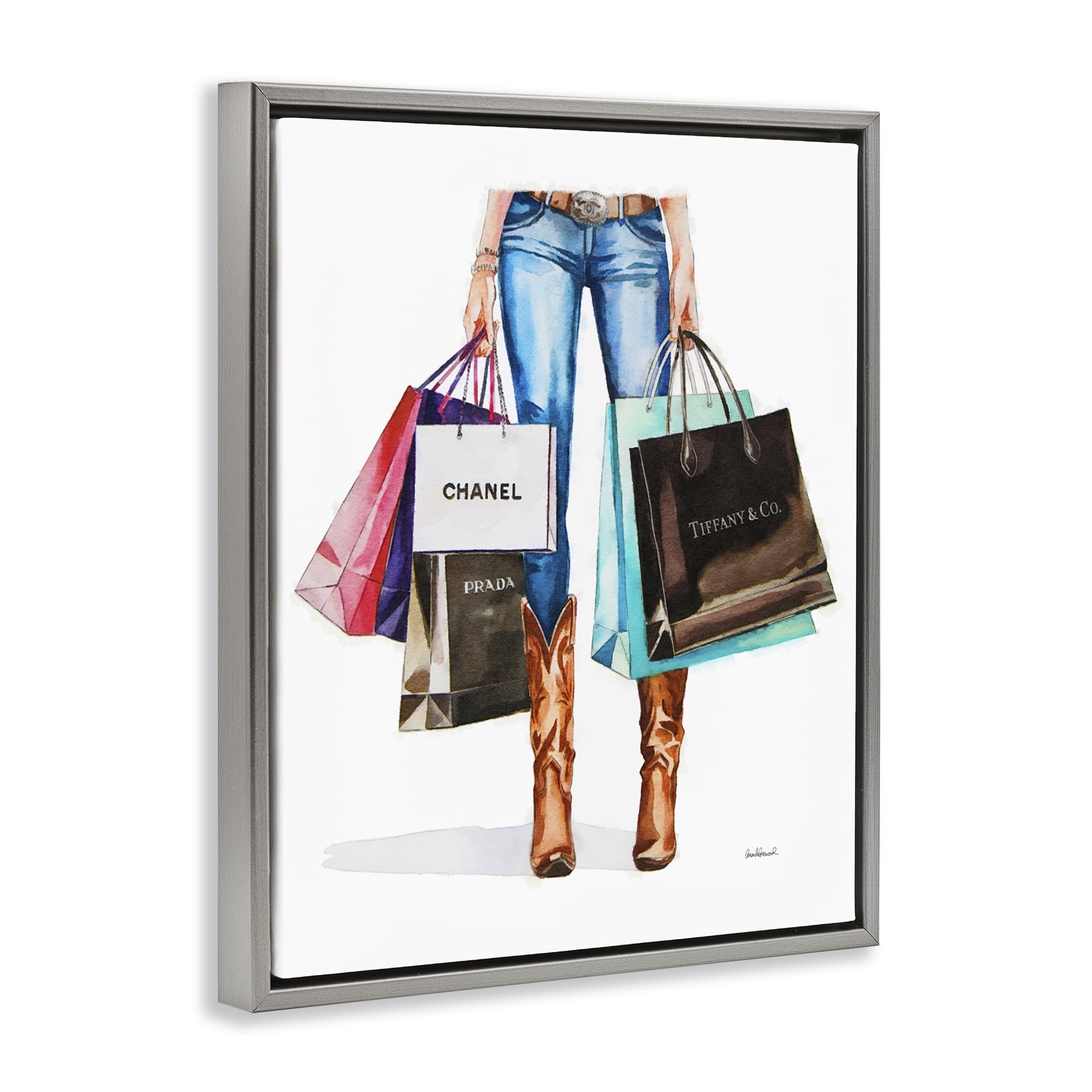 Stupell Industries Shopping Bags Cowgirl People Painting Gray Floater Framed Canvas Art Print Wall Art, 17 x 21