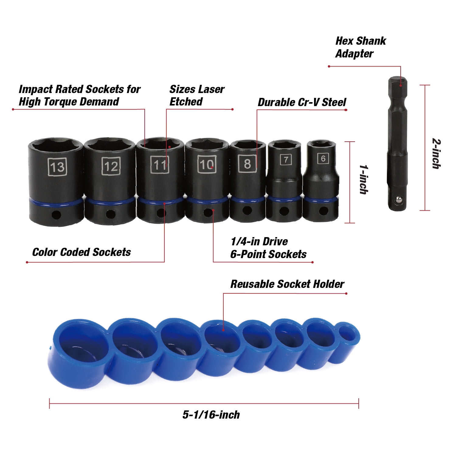 Hyper Tough 8-Piece 1/4-inch Drive Impact Socket Set (MM)