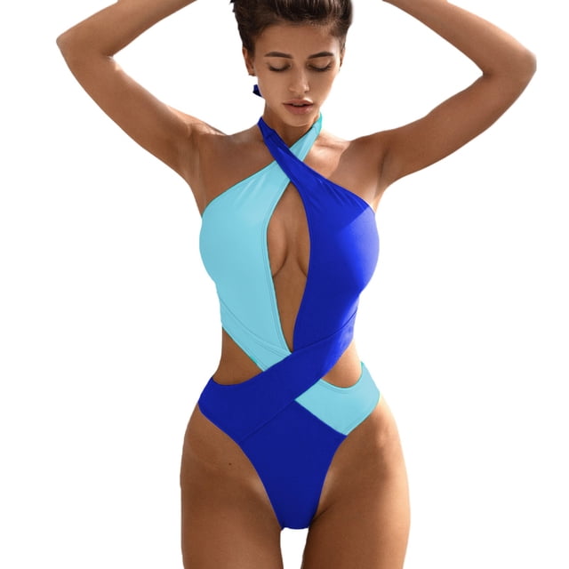 Women's Monokini Swimsuit - Color Block Stitching, Bra Cups, Elastic Straps, Full Coverage, Sizes S-L