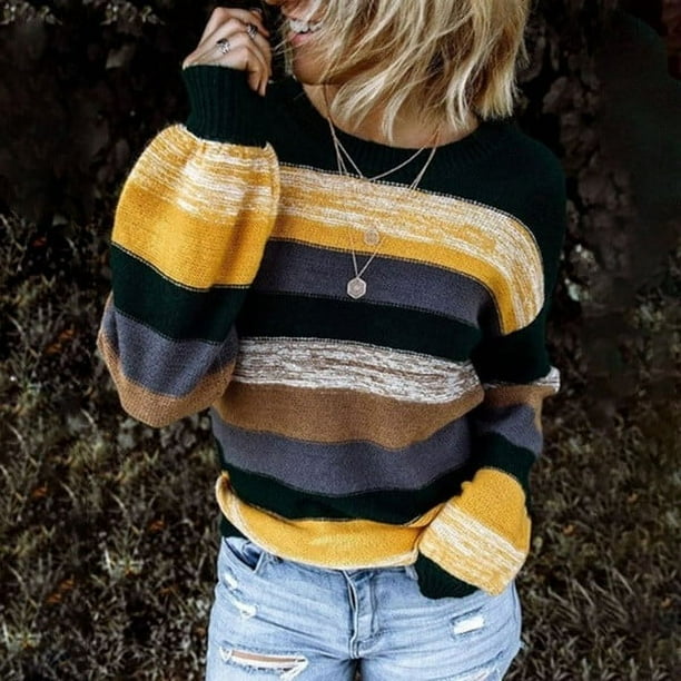 Puntoco suéter mujer moda suelta Color contraste cómodo manga larga suéter tops liquidación de Navidad Puntoco Puntoco-581