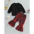 thumbnail image 4 of Wassery Toddler Girls Clothes Infant Baby Thanksgiving 2 Piece Outfits Long Sleeve Letter Print Sweatshirt Tops Plaid Flare Pants Set 0-3 Years, 4 of 8