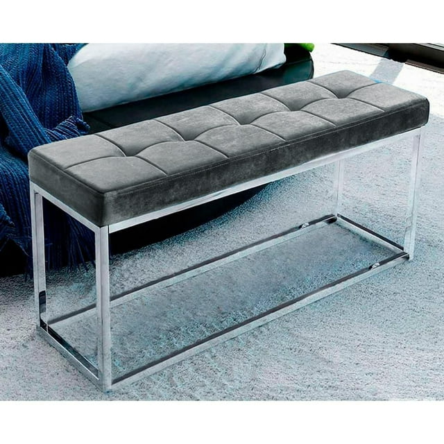 Heavenly Collection Gray Fabric Upholstered Stool with Chrome Base – Modern Accent Stool for Vanity, Bedroom, or Living Room