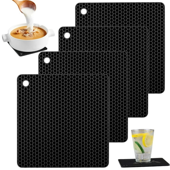HCZ 4-Pack Black Silicone Trivet Mats - Heat Resistant Non Slip Hot Pads for Kitchen, Square Silicone Hot Plate Mats & Coasters