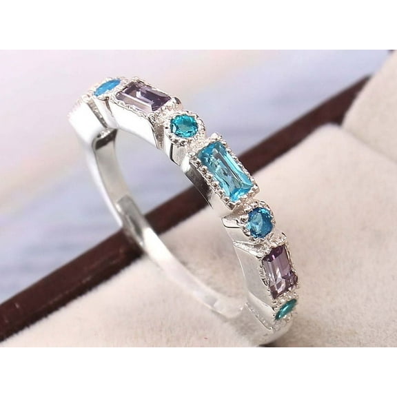 Alexandrite Blue Topaz Wedding Ring Band Sterling Silver Blue Topaz Half Eternity Ring Gemstone Baguette Stacking Ring Promise Ring Gifts.