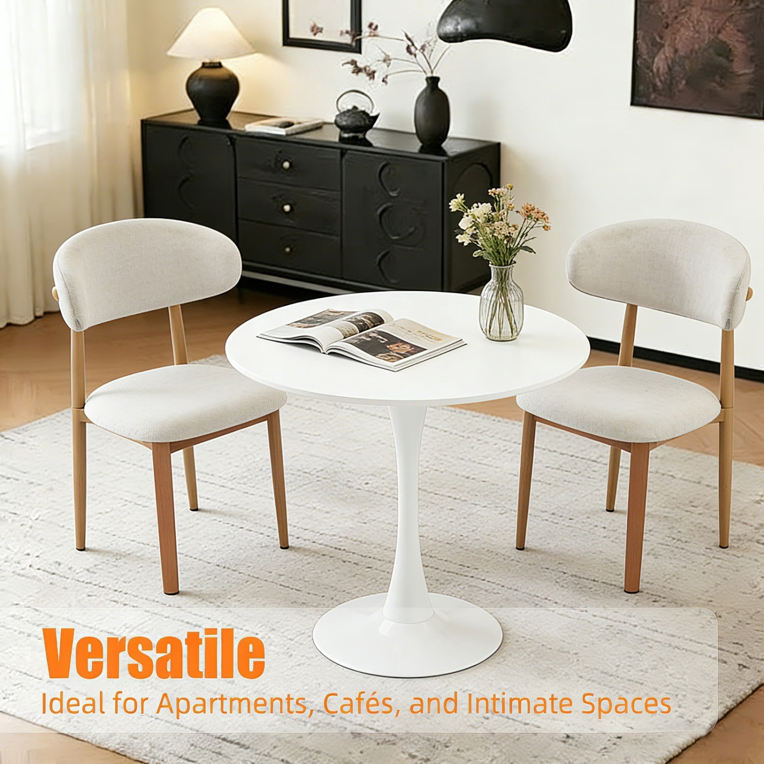 31.5" Round Dining Table, Modern White Tulip Base Table with MDF Top & Matte Iron Pedestal, Mid Century Kitchen Table, Small Space Coffee Table for Living Room, Apartment & Home Office